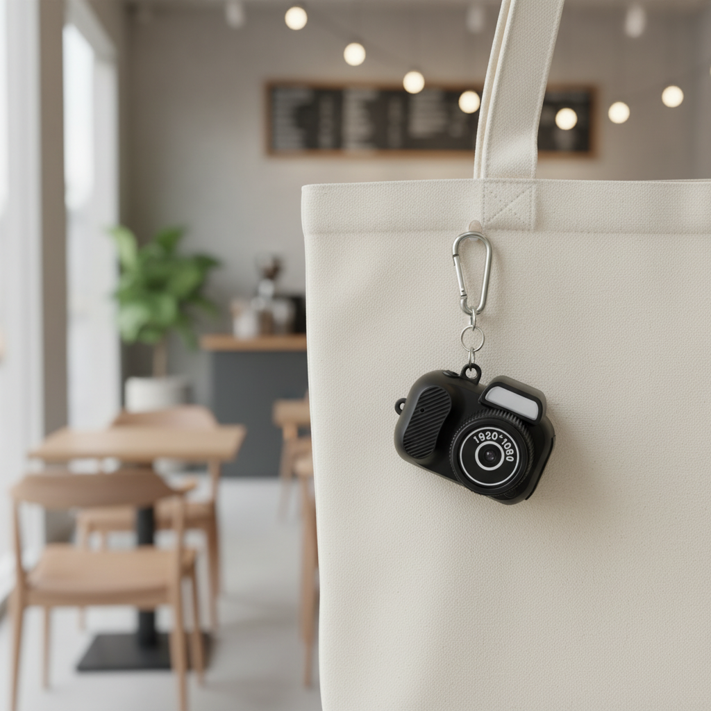 Camera clipped to tote bag